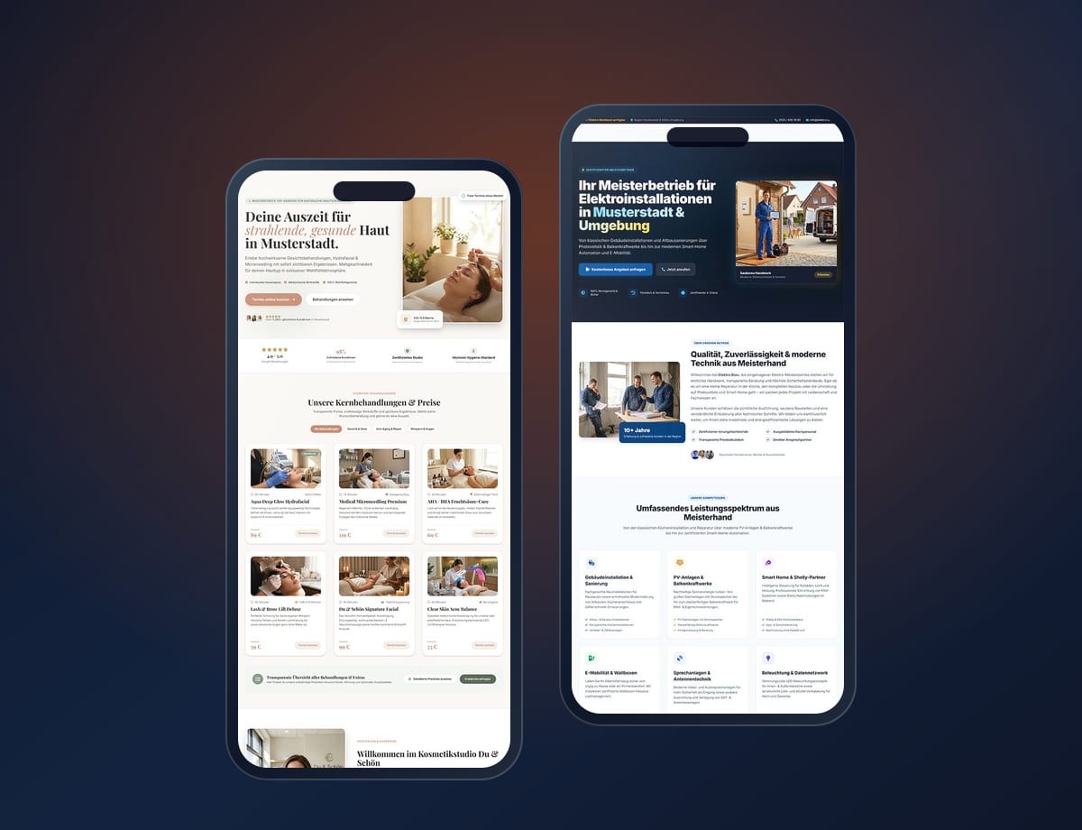 Zwei Smartphones mit fertigen Webseiten-Beispielen: Elektrobetrieb und Kosmetikstudio